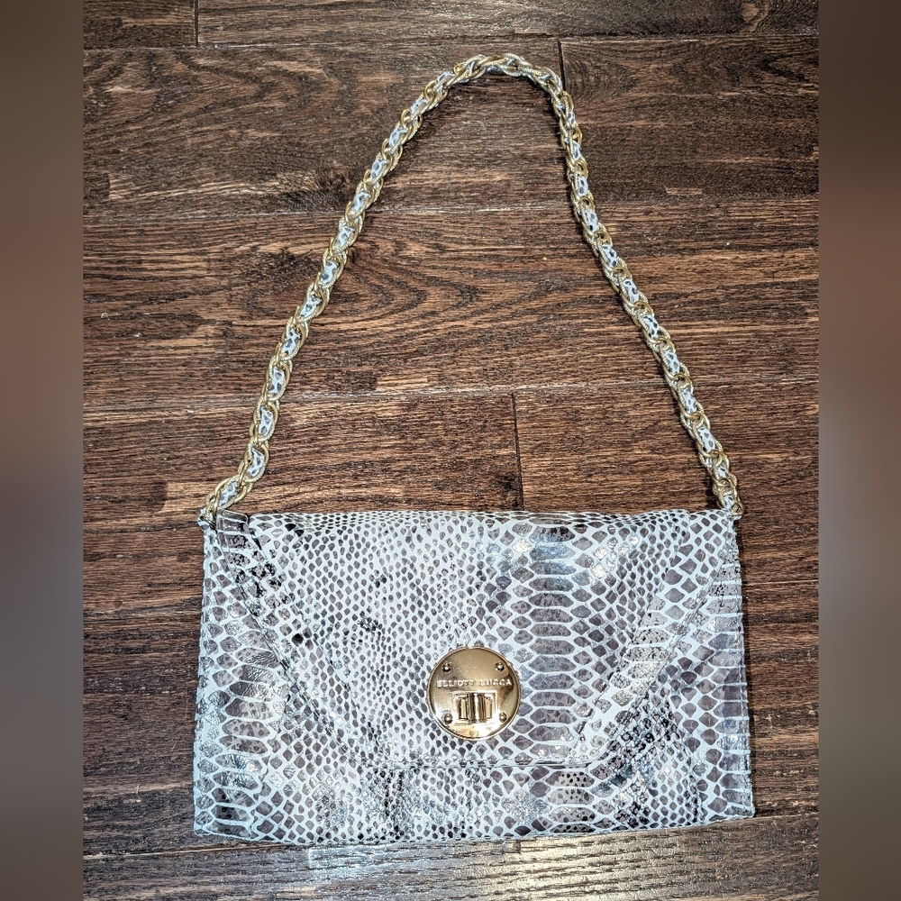 Elliott Lucca Gray Snakeskin Envelope Clutch With Gold Chain Shoulder Bag